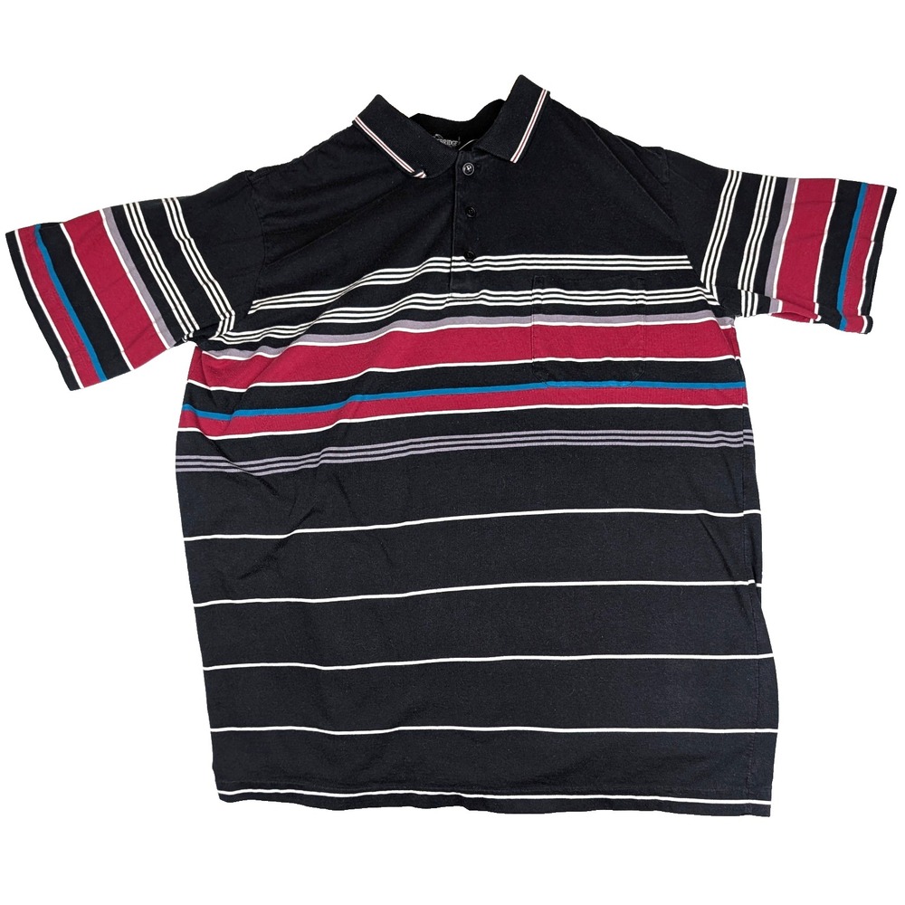Vintage Knightsbridge Striped Polo Shirt Mens L Retro 90s Dad Black Preppy